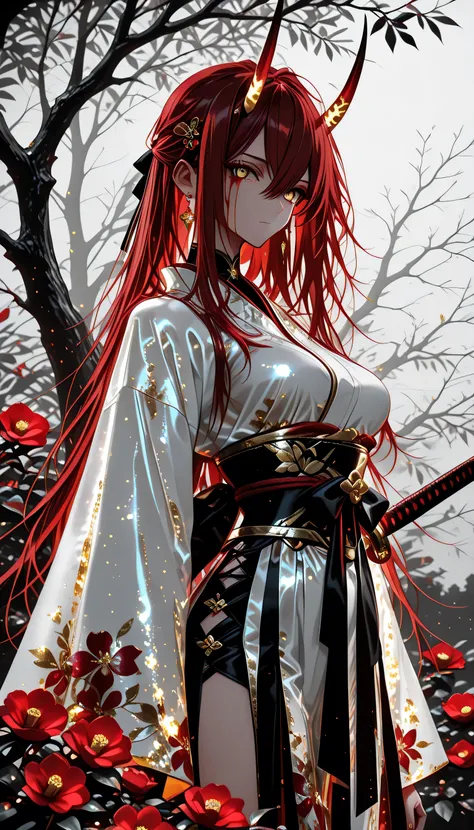 1 girl , golden eyes , very long hair , long sidelocks, red hair ,half updo, petite , very cute , beautiful ,Straight hair, cool, handsome, hair between eyes, sexy, medium breasts , blood tears, white kimono, sengoku period, white warrior, white armor, sh...