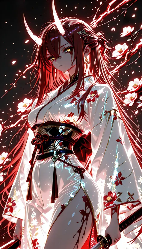 1 girl , golden eyes , very long hair , long sidelocks, red hair ,half updo, petite , very cute , beautiful ,Straight hair, cool, handsome, hair between eyes, sexy, medium breasts , blood tears, white kimono, sengoku period, white warrior, white armor, sh...