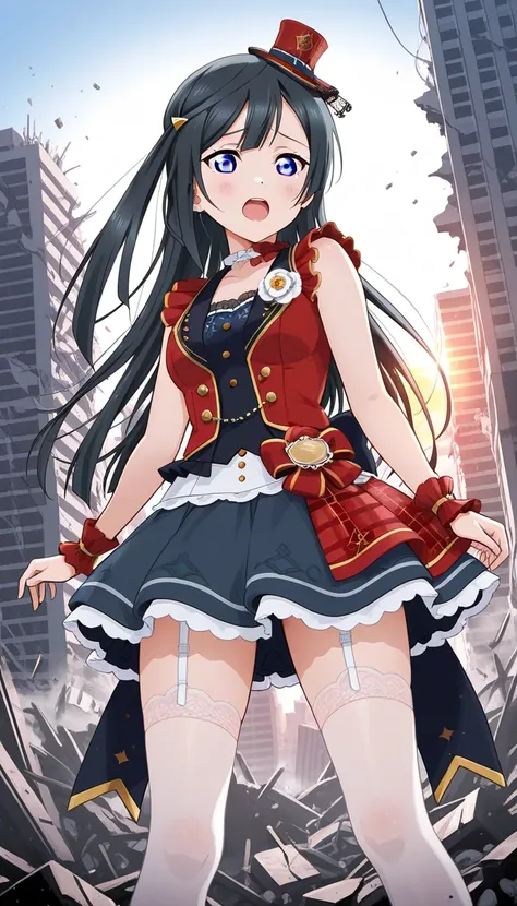  An image of Yuki Setsuna , mini top hat, dressed as an idol , Open neck, short blue foldable skirt, white stockings with lace with garter belt, backwards, City Destroyed, sunrise 