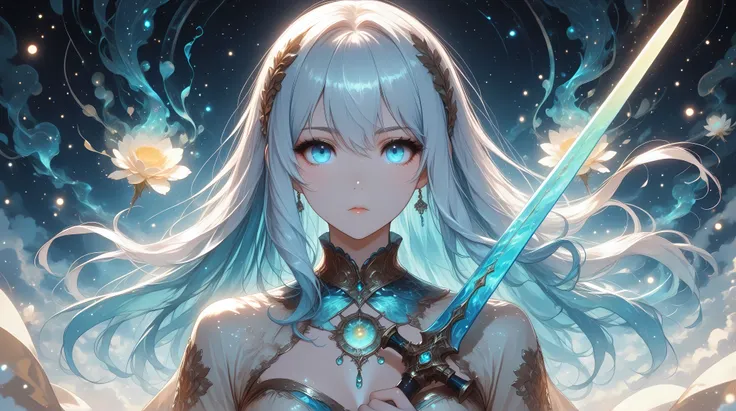 high definition eyes, A graceful anime girl floating around holding a sword in a threatening way, fragments of energy, her dress shining in yellow and light blue tones, challenging and penetrating look with a subtle mysticism, ethereal mystery swirling aro...