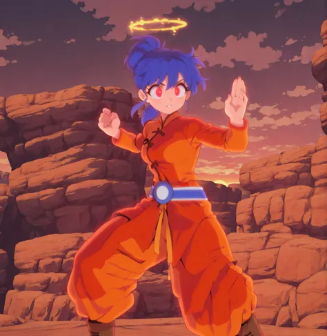 orange gi, Anime-style female martial artist, red eyes, short, 1girl, solo, small breasts, , spiky short vibrant blue hair. She wears an orange martial arts gi with loose, wide pants and a long-sleeved top, secured with a bright blue belt. Brown combat boo...