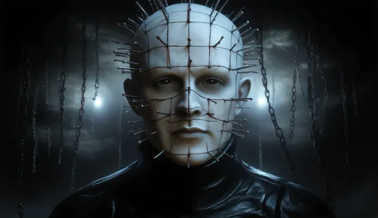 Hellraiser, Pinhead, portrait, dark room, large chains hanging from the ceiling in the background, foggy, darkness and fog background, surreal, high detail, masterpiece.