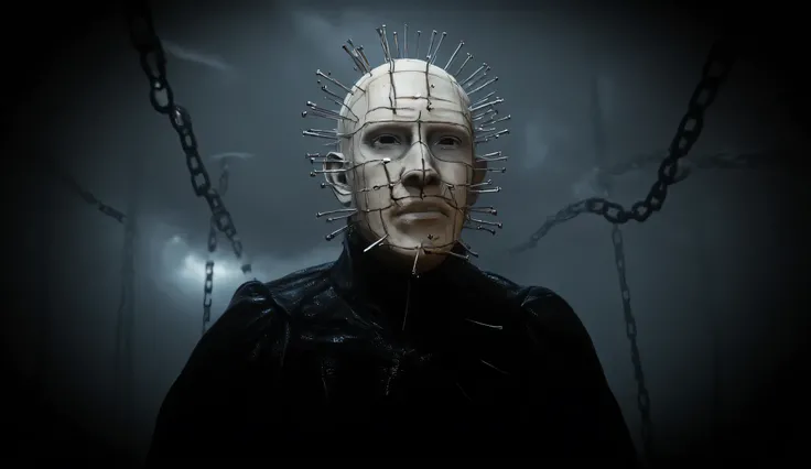 Hellraiser, Pinhead, portrait, dark room, large chains hanging from the ceiling in the background, foggy, darkness and fog background, surreal, high detail, masterpiece.