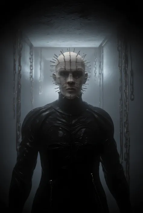 Hellraiser, Pinhead, portrait, dark room, large chains hanging from the ceiling in the background, foggy, darkness and fog background, surreal, high detail, masterpiece.