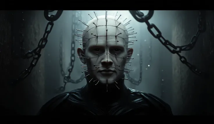 Hellraiser, Pinhead, portrait, dark room, large chains hanging from the ceiling in the background, foggy, darkness and fog background, surreal, high detail, masterpiece.