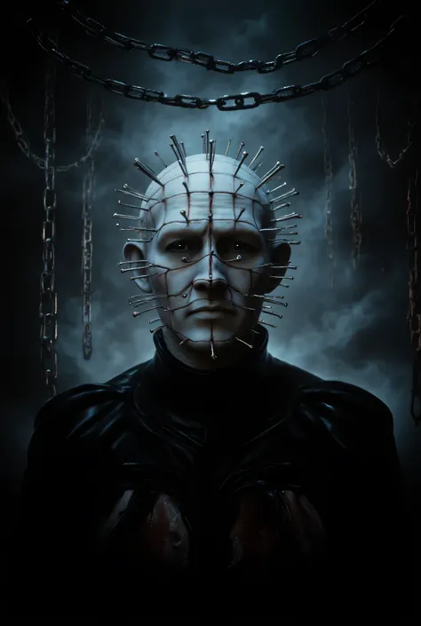 Hellraiser, Pinhead, portrait, dark room, large chains hanging from the ceiling in the background, foggy, darkness and fog background, surreal, high detail, masterpiece.