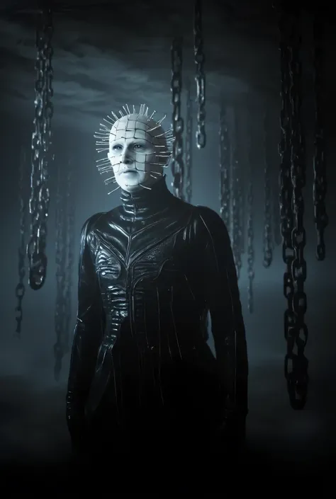 Hellraiser, Pinhead, portrait, dark room, large chains hanging from the ceiling in the background, foggy, darkness and fog background, surreal, high detail, masterpiece.