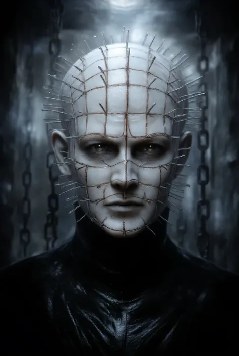 Hellraiser, Pinhead, portrait, dark room, large chains hanging from the ceiling in the background, foggy, darkness and fog background, surreal, high detail, masterpiece.