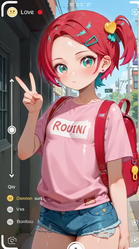1girl,amate yuzuriha,breasts, forehead,bangs,red hair,short hair, multicolored hair,aqua eyes,multicolored eyes, backpack, bag, randoseru, fake screenshot, red bag, v, hair ornament, hairclip,solo, revealing clothes,shirt, jewelry, fake phone screenshot, l...