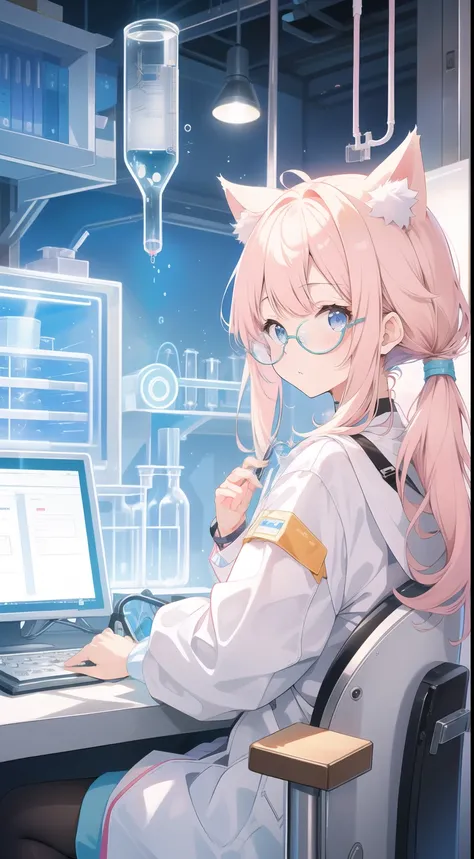 Cat ears、Lab
、experimentは成功、White cloth、colorful、experiment室、experiment、、Lab
(white coat)、Genius Scientist、round and round, swirling glasses、Light colored hair　Test tube　 beaker 　colorfulな液体　machine