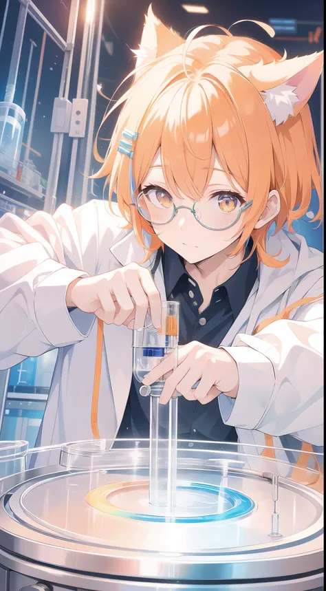 Cat ears、Lab
、experimentは成功、White cloth、colorful、experiment室、experiment、、Lab
(white coat)、Genius Scientist、round and round, swirling glasses、pale orange hair 　Test tube　 beaker 　colorfulな液体　machine