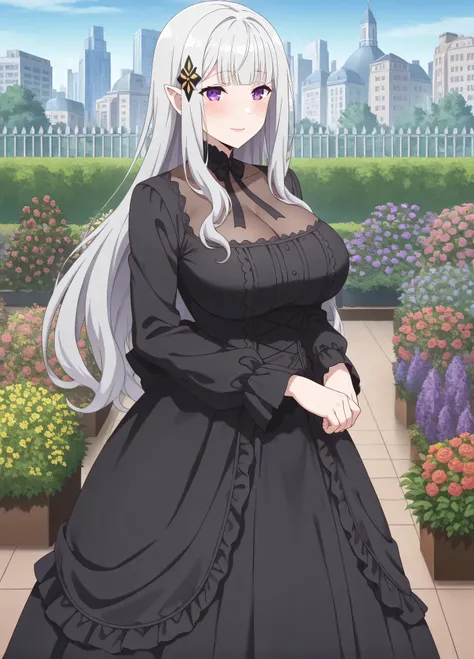 (Score_9, score_7:0.6), (masterpiece, best quality, good quality, newest:0.core_7_up, anime screencap, Solo, long dress, Satella, Anime, 1girl, Mature Female, pointy ears, hair ornament, blush, silver hair, long hair, closed mouth, light smiles, lips, purp...