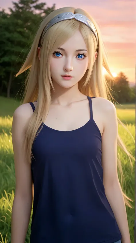 1girl, solo,hikari uchiha,blonde hair,long hair,outdoors,potrait,small breast,blue eyes,sunrise background,,looking at viewer,navel,blue eyes,grass field,tanktop,silver hairband,sunrise