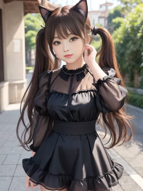 (top quality)、masterpiece、hyperrealism、Great highlights、Cat ears、Kemono cosplay、see-through dress、features a woman with sex appeal、The Girl Is Seductive、 Glossy Brown Hair 、Middle Twin Tails、cute、lips、street fashion、Panchira、Chubby Glowing Thighs、open legs...