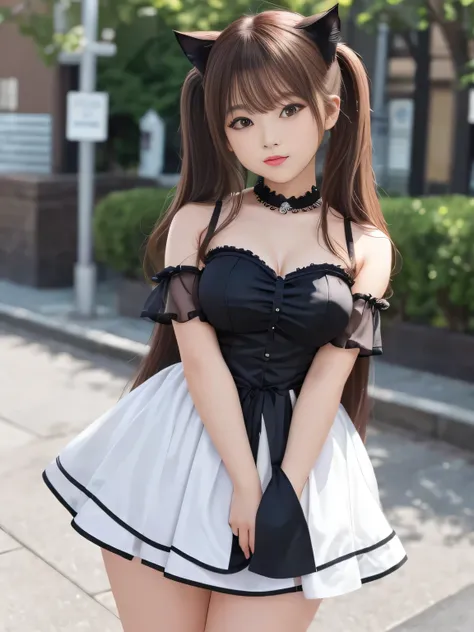(top quality)、masterpiece、hyperrealism、Great highlights、Cat ears、Kemono cosplay、see-through dress、features a woman with sex appeal、The Girl Is Seductive、 Glossy Brown Hair 、Middle Twin Tails、cute、lips、street fashion、Panchira、Chubby Glowing Thighs、open legs...
