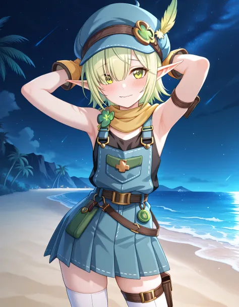 
pcraoi, short hair, elf, light green hair, pointy ears, green eyes, hair over one eye, pcaomch, hat feather, cabbie hat, blue headwear, yellow scarf, four-leaf clover ornament, black shirt, sleeveless, bare shoulders, overalls, pocket, arm strap, yellow g...