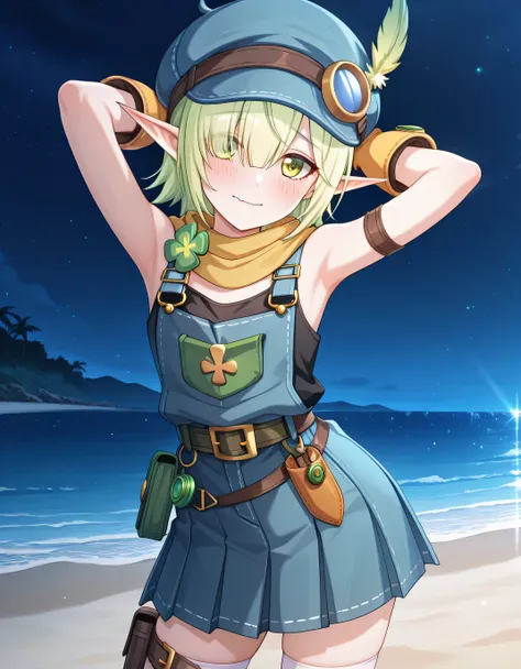 
pcraoi, short hair, elf, light green hair, pointy ears, green eyes, hair over one eye, pcaomch, hat feather, cabbie hat, blue headwear, yellow scarf, four-leaf clover ornament, black shirt, sleeveless, bare shoulders, overalls, pocket, arm strap, yellow g...