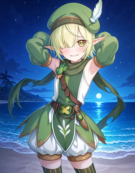 
pcraoi, short hair, elf, light green hair, pointy ears, green eyes, hair over one eye, pcaodef, hat feather, white feather, green headwear, beret, green scarf, torn scarf, clover, two-tone shirt, green tabard, white shirt, sleeveless shirt, bare shoulders...