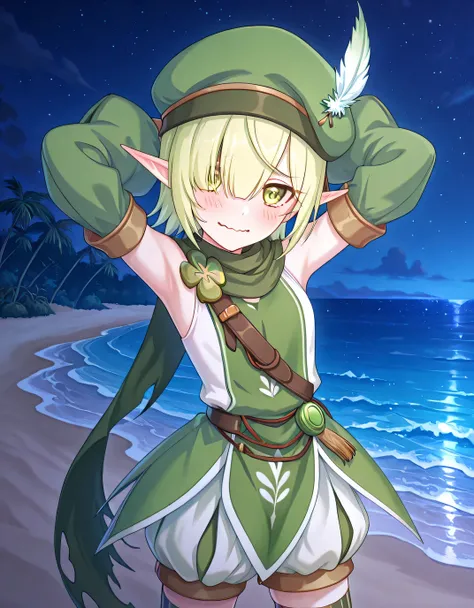 
pcraoi, short hair, elf, light green hair, pointy ears, green eyes, hair over one eye, pcaodef, hat feather, white feather, green headwear, beret, green scarf, torn scarf, clover, two-tone shirt, green tabard, white shirt, sleeveless shirt, bare shoulders...