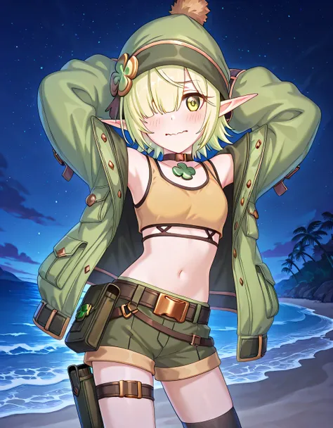 
pcraoi, short hair, elf, light green hair, pointy ears, green eyes, hair over one eye, pcaocamp, green headwear, beanie, cmp green jacket, cmp open jacket, sleeves past wrists, choker, four-leaf clover necklace, yellow crop top, tank top, bare shoulders, ...
