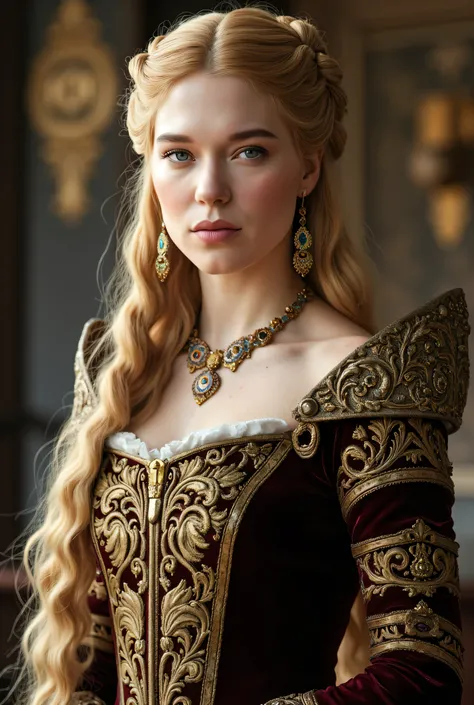   (RAW Photo, Best Quality), (Realistic, Photo Realistic: 1.3), Best Quality, Highly Detailed, Masterpiece, Hyperdetail, Realistic photo shot, realistic photo of a   whore , makeup,  ,  blonde hair , ((    queen ,   )),      medieval, game of thrones, (((f...