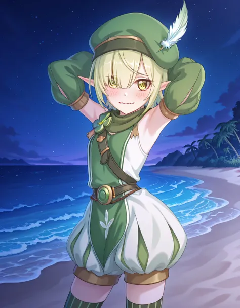 
pcraoi, short hair, elf, light green hair, pointy ears, green eyes, hair over one eye, pcaodef, hat feather, white feather, green headwear, beret, green scarf, torn scarf, clover, two-tone shirt, green tabard, white shirt, sleeveless shirt, bare shoulders...