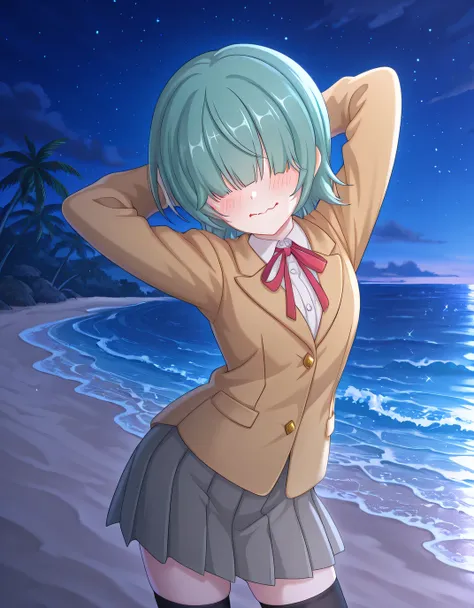 
rlpcaoi, short hair, aqua hair, green hair, hair over eyes, covered eyes, school uniform, sch brown jacket, blazer, shirt, red ribbon, grey skirt, black thighhighs, anime screencap, high quality, solo, cowboy shot, (contrapposto), (hands behind head), clo...