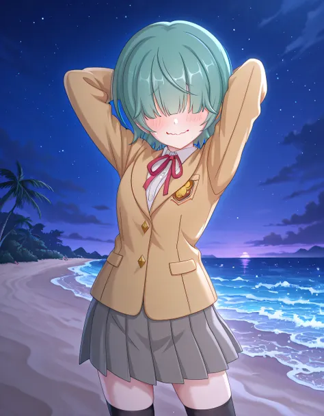
rlpcaoi, short hair, aqua hair, green hair, hair over eyes, covered eyes, school uniform, sch brown jacket, blazer, shirt, red ribbon, grey skirt, black thighhighs, anime screencap, high quality, solo, cowboy shot, (contrapposto), (hands behind head), clo...