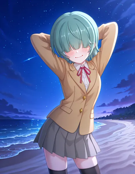 
rlpcaoi, short hair, aqua hair, green hair, hair over eyes, covered eyes, school uniform, sch brown jacket, blazer, shirt, red ribbon, grey skirt, black thighhighs, anime screencap, high quality, solo, cowboy shot, (contrapposto), (hands behind head), clo...