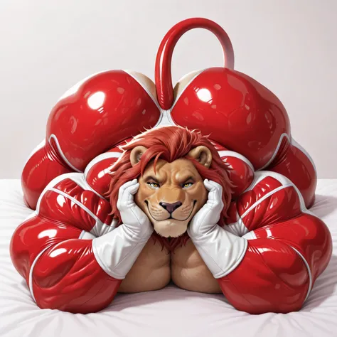 masterpiece, best quality, amazing quality, high quality, semi realistic, furry, 1boy, lion, red hair, light brown body, huge muscle, topless, simple background, solo, lying on stomach, front, hand on his own cheek, focus face, close up face, smirk, see th...