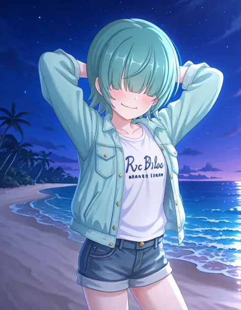 
rlpcaoi, short hair, aqua hair, green hair, hair over eyes, covered eyes, rlp blue jacket, rlp open jacket, white shirt, clothes writing, denim shorts, anime screencap, high quality, solo, cowboy shot, (contrapposto), (hands behind head), closed mouth, ni...