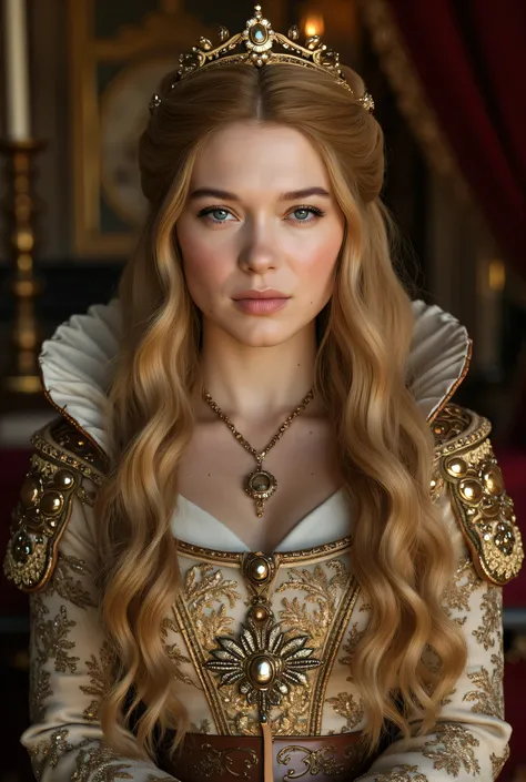   (RAW Photo, Best Quality), (Realistic, Photo Realistic: 1.3), Best Quality, Highly Detailed, Masterpiece, Hyperdetail, Realistic photo shot, realistic photo of a   whore , makeup,  ,  blonde hair , ((    queen dress ,   )),      medieval, game of thrones...