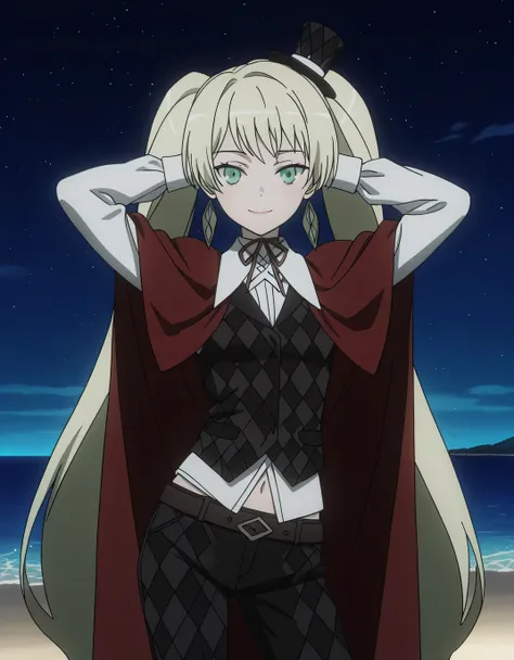 ladylee tangleroad, long hair, blonde hair, twintails, green eyes, anime screencap, hat, navel, jewelry, earrings, cape, vest, mini hat, top hat, belt, shirt, long sleeves, ribbon, white shirt, collared shirt, pants, neck ribbon, checkered clothes, high qu...