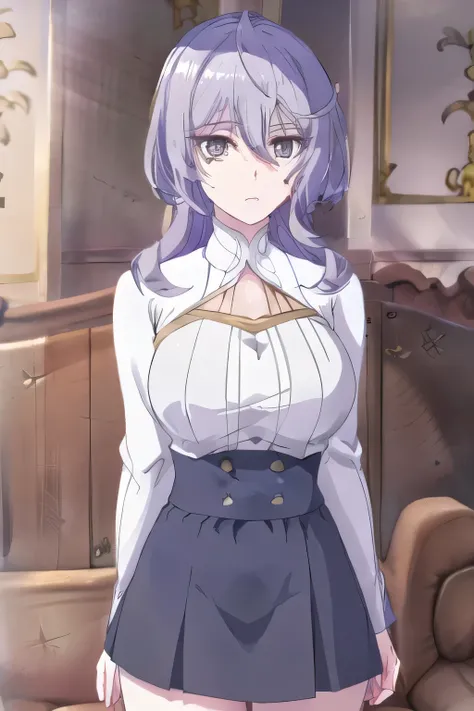  Can you draw a standing figure，Please draw big breasts with even bigger breasts， light clothing，can you draw a dark blue pleated miniskirt more delicately，Can you draw with light clothing，sleeveless sweater， can you draw a dark blue micro pleated skirt us...
