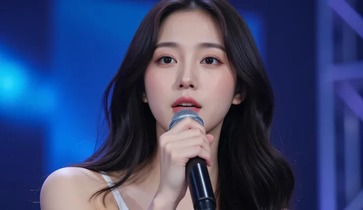 a shoulder-up candid photo of a 20-year-old Korean woman on a real concert stage, photographed with a DSLR, natural lighting, detailed skin texture, soft background blur, minimal or stage makeup, unique facial features, ultra photorealistic, not digital ar...