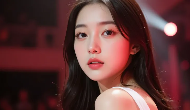 a shoulder-up candid photo of a 20-year-old Korean woman on a real concert stage, photographed with a DSLR, natural lighting, detailed skin texture, soft background blur, minimal or stage makeup, unique facial features, ultra photorealistic, not digital ar...