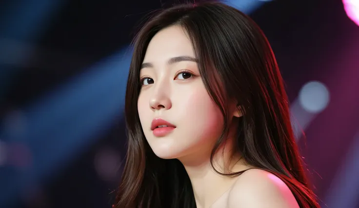 a shoulder-up candid photo of a 20-year-old Korean woman on a real concert stage, photographed with a DSLR, natural lighting, detailed skin texture, soft background blur, minimal or stage makeup, unique facial features, ultra photorealistic, not digital ar...