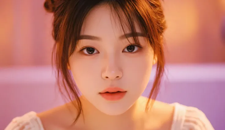 A delicate Korean idol with long curled lashes, heart lips, and a soft pink glow, hair styled in a half-up bun, front-lit close-up on stage, 8K