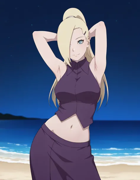 yamanaka ino, blonde hair, blue eyes, hair over one eyes, long hair, high ponytail,
hairclip, collared shirt, purple shirt, hairclip, navel, long skirt,  best quality, solo, night sky, beach, hands behind head, ((contrapposto)), closed mouth, cowboy shot, ...
