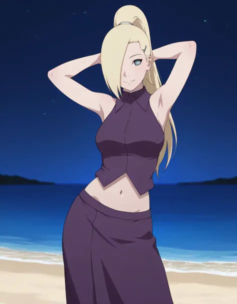 yamanaka ino, blonde hair, blue eyes, hair over one eyes, long hair, high ponytail,
hairclip, collared shirt, purple shirt, hairclip, navel, long skirt,  best quality, solo, night sky, beach, hands behind head, ((contrapposto)), closed mouth, cowboy shot, ...