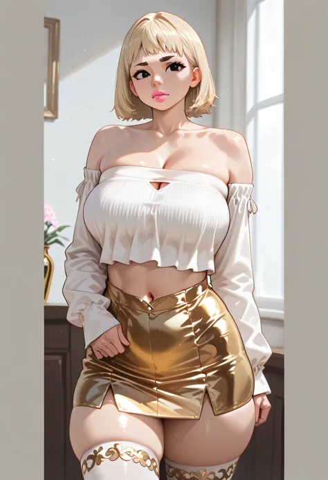 Perfect Face, Perfect Body, Blonde Hair, Short Bangs Hair, Black Thin Eyebrows, Black Eyes, Nose, Pink Lips, Collarbone, Cleavage, Bare Shoulders, (Long Sleeves Tube Top, White Long Sleeves Tube Top), Navel, (Gold Mini Short Skirt Tube), (Thick Thighs:1.2)...