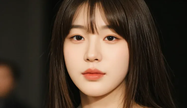 a shoulder-up candid photo of a 20-year-old Korean woman on a real concert stage, photographed with a DSLR, natural lighting, detailed skin texture, soft background blur, minimal or stage makeup, unique facial features, ultra photorealistic, not digital ar...
