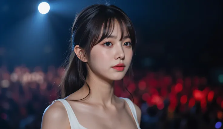 a shoulder-up candid photo of a 20-year-old Korean woman on a real concert stage, photographed with a DSLR, natural lighting, detailed skin texture, soft background blur, minimal or stage makeup, unique facial features, ultra photorealistic, not digital ar...