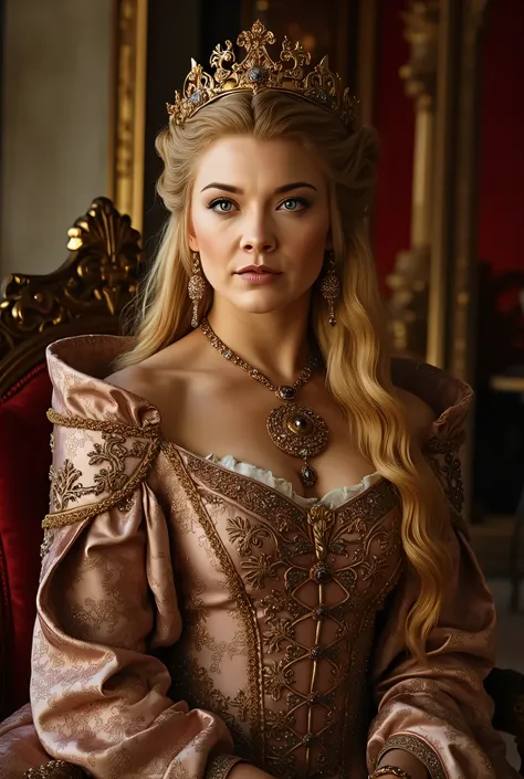 (RAW Photo, Best Quality), (Realistic, Photo Realistic: 1.3), Best Quality, Highly Detailed, Masterpiece, Hyperdetail, Realistic photo shot, realistic photo of a whore , makeup, , blonde hair , (( queen dress , )), medieval, game of thrones...