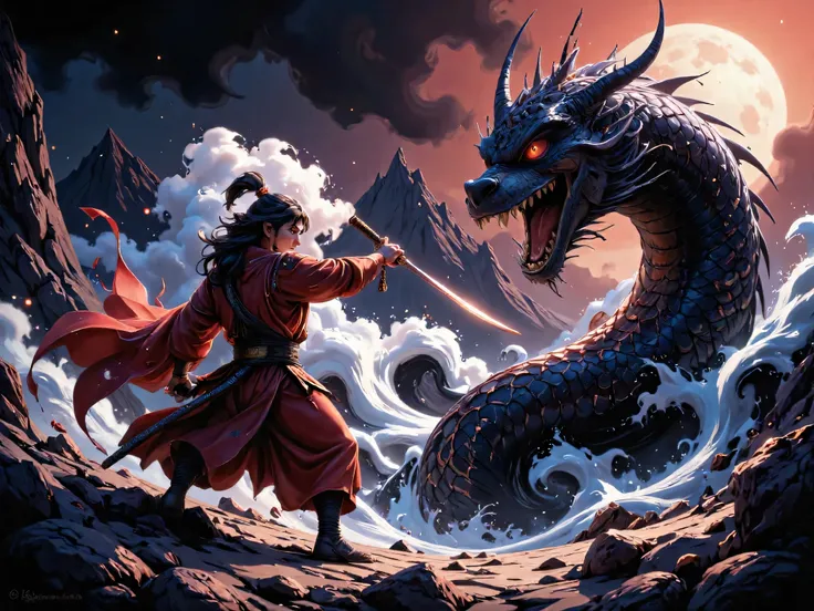 Epic battle between Susanoo, the Shinto storm god, and Yamata no Orochi, the legendary eight-headed serpent, in a dramatic Japanese ink painting style (sumi-e). Susanoo wields a glowing katana, wind and storm swirling around him. The monstrous serpent rise...