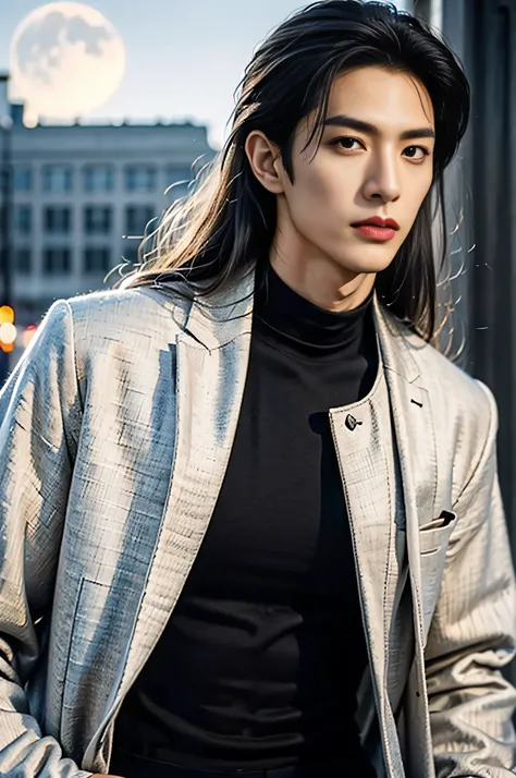 A 25-year-old Asian man, Thick eyebrows, Melon seed face, Handsome face, Men's full body, The background city night street view, Time is night, Deep blue sky, A full moon, his skin is fair, He is slender, the limbs have pronounced muscle lines, high-defini...
