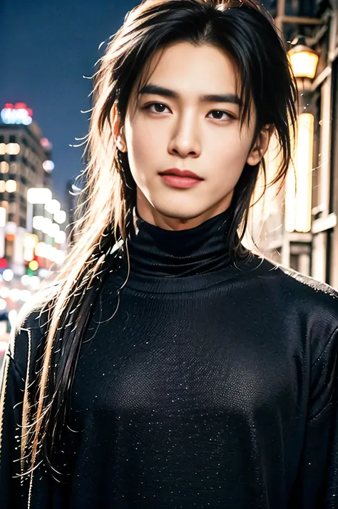 A 25-year-old Asian man, Thick eyebrows, Melon seed face, Handsome face, Men's full body, The background city night street view, Time is night, Deep blue sky, A full moon, his skin is fair, He is slender, the limbs have pronounced muscle lines, high-defini...