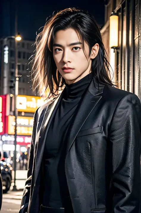A 25-year-old Asian man, Thick eyebrows, Melon seed face, Handsome face, Men's full body, The background city night street view, Time is night, Deep blue sky, A full moon, his skin is fair, He is slender, the limbs have pronounced muscle lines, high-defini...