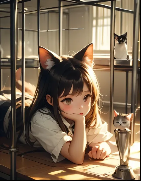 （（（ＳＦＷ、Highest quality、First Class Masterpiece、normal body 、32k、detailed faces with ofisu、super precise、Normal Hand、5 fingers、Highest）））、Beautiful girl、dark haired、 light clothing、Cat ears、guinea pig、Test sample、on all fours、cat punch、cage、Experimental Tab...