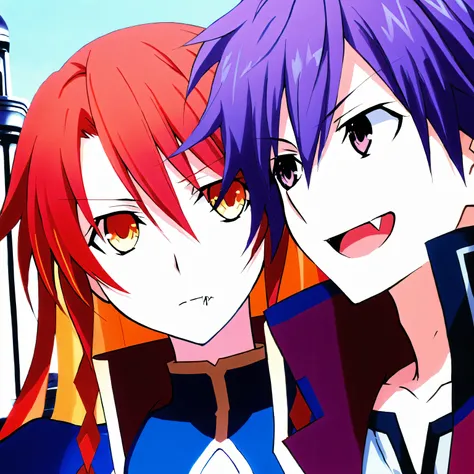 2 characters in this image, a couple, fang fairy fencer and selesia, ´´beside him and characters looking to each other is Selesia upitira´´, fang have red hair, selesia have purple hair. 